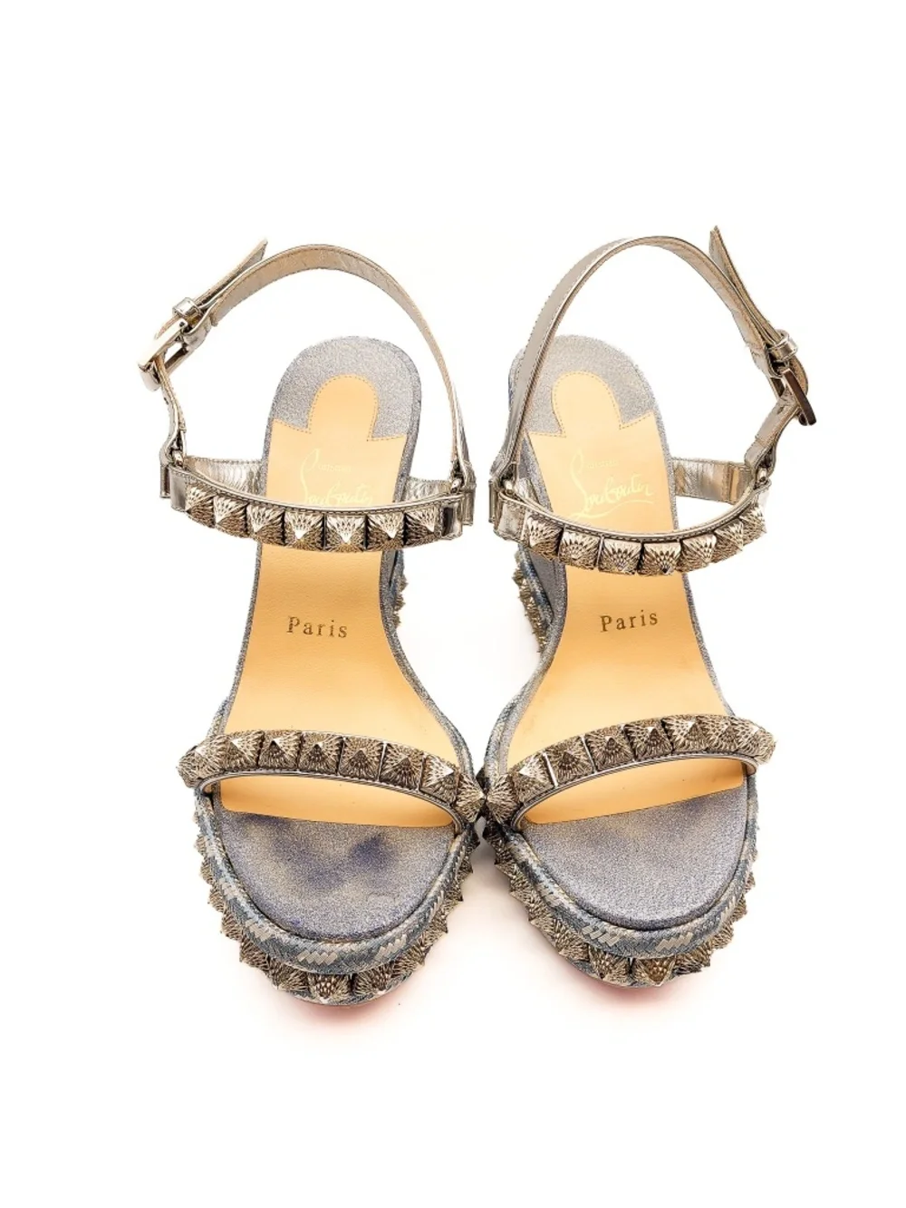 Christian Louboutin Silver Glitter Studded Espadrille Platform Sandals EU 37